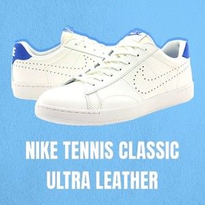 Nike White Leather Sneakers with Blue Heel Accents